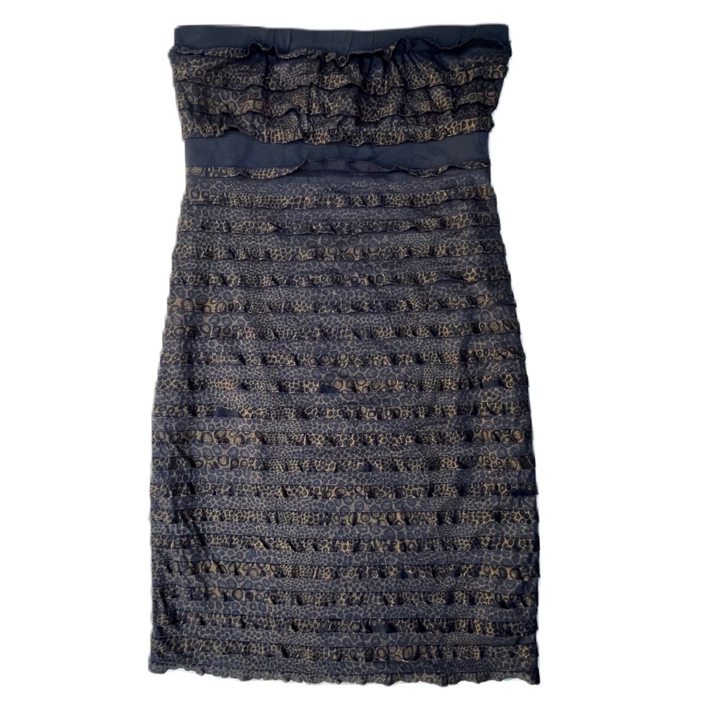 Black Leopard Cheetah Gold Glitter Strapless Bodycon Mini Lster Ruffled Dress